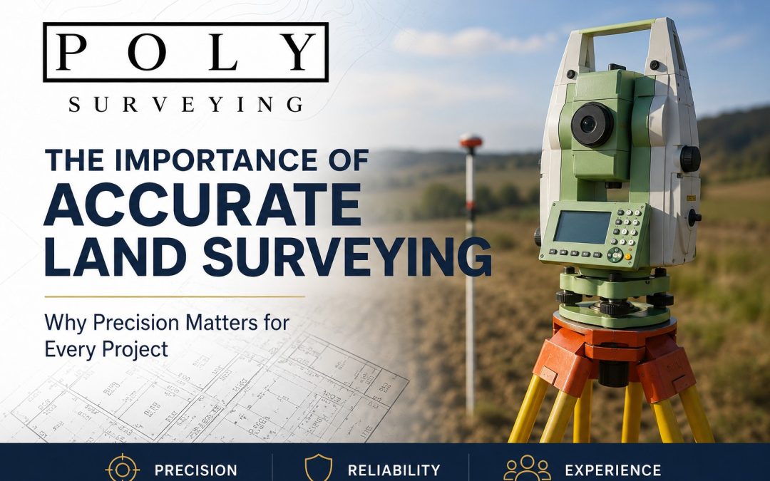 Poly Surveying total station survey equipment on a tripod in a field, promoting the importance of accurate land surveying